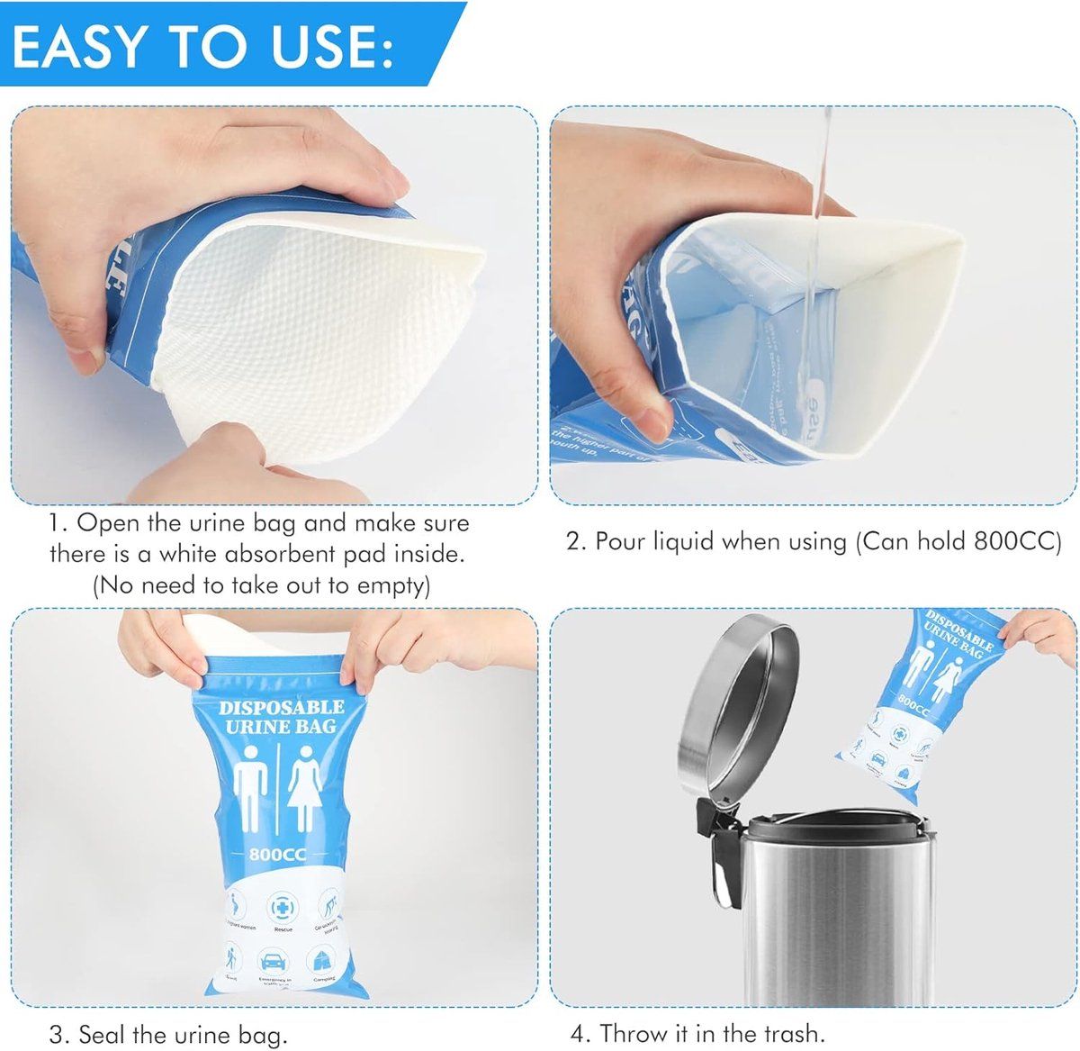 12 Pack Disposable Urine Bags, 800 ml Leakproof Absorbent Emergency Toilet Bags for Car, Camping, Travel and Outdoor Use