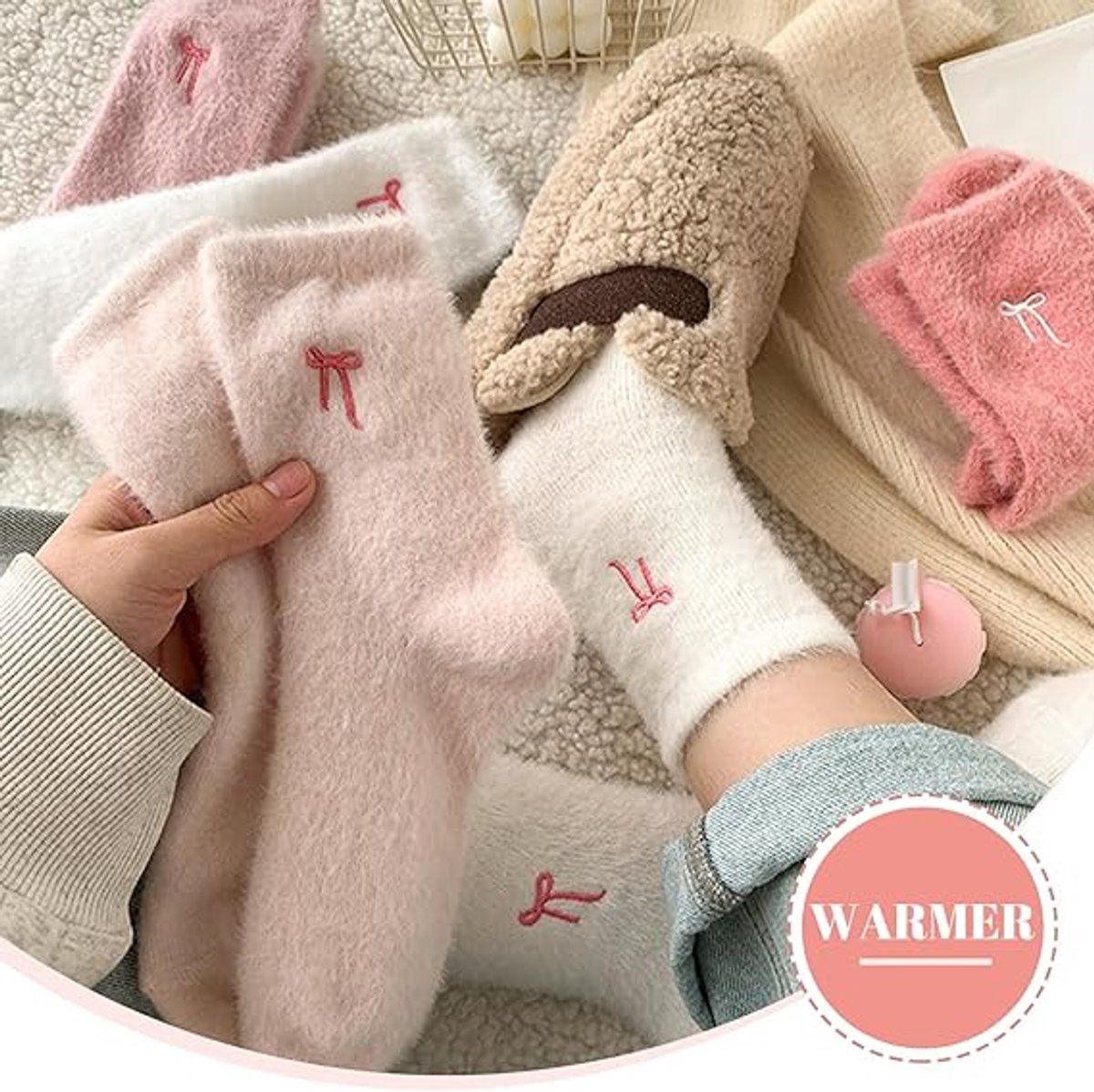 5 Pairs Women's Plush Bow Socks, Thick Warm Fuzzy Winter Home Socks for Lounging, Sleeping and Cold Weather Comfort