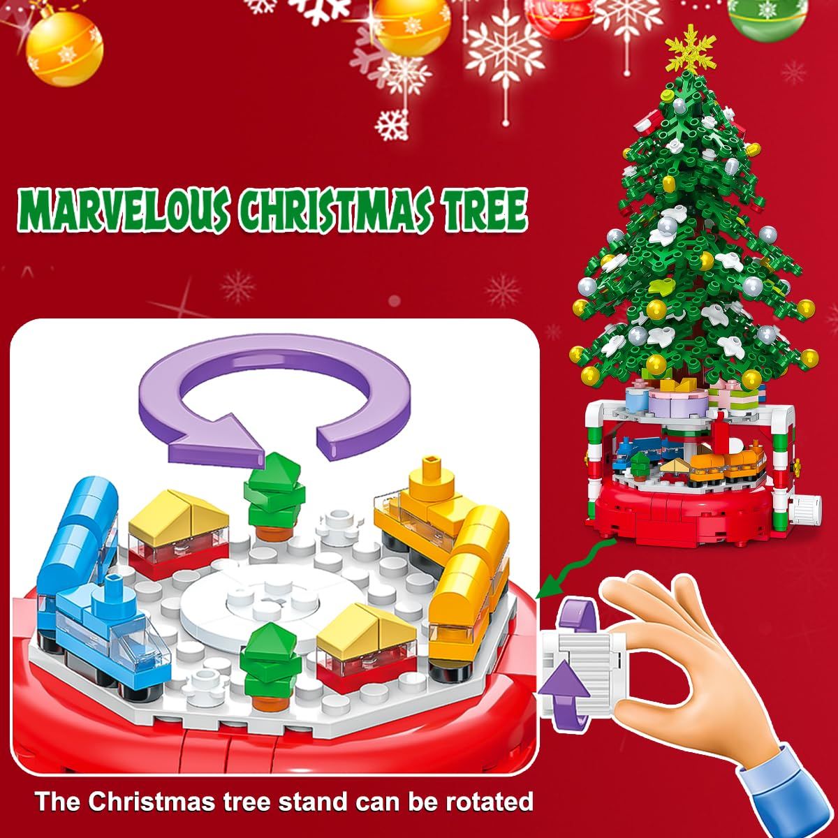 Christmas Tree Building Block Set, 220 Pieces, Rotating Base with Ornaments and Star, Holiday Building Toy, Stocking Stuffers for Kids, Gifts for Boys & Girls(Assembly completed size27.7*14.6cm)