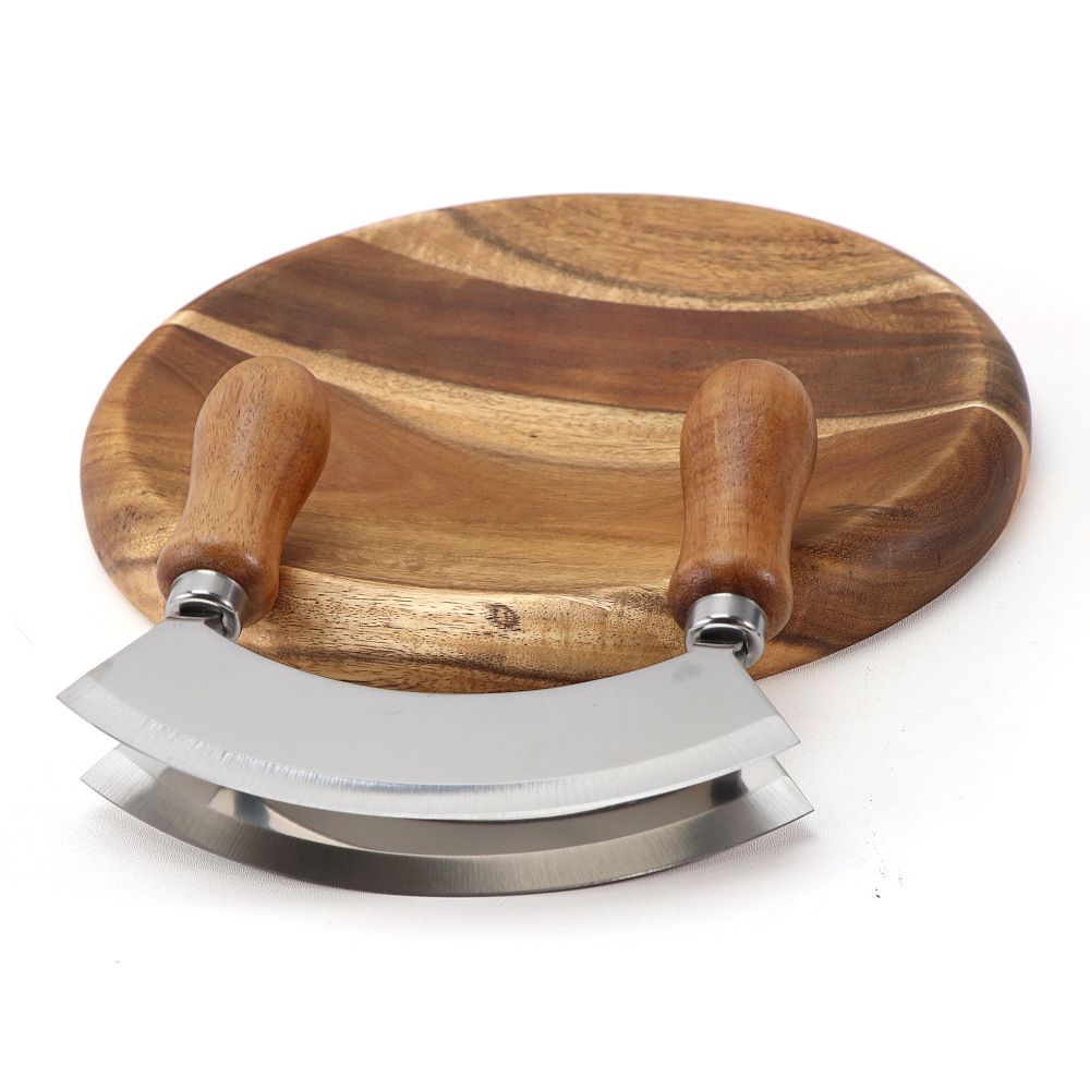 Cutting Board & Knife - Wooden Chopping Board & 2-Bladed Curved Herb Cutter - Round Wood Board & Double Blade Rocker Chopper