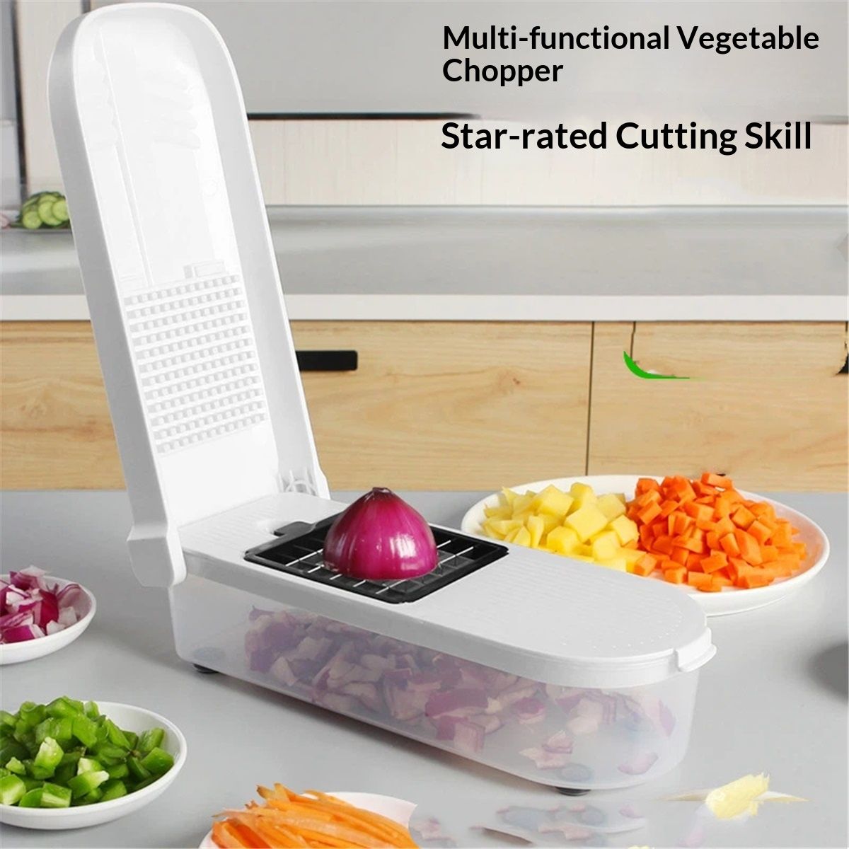 Vegetable and Fruit Chopper with Base, Stainless Steel Blades, Dishwasher Safe Veggie Slicer, Dicer, Cutter for Onions, Potatoes, and More - White Container Included
