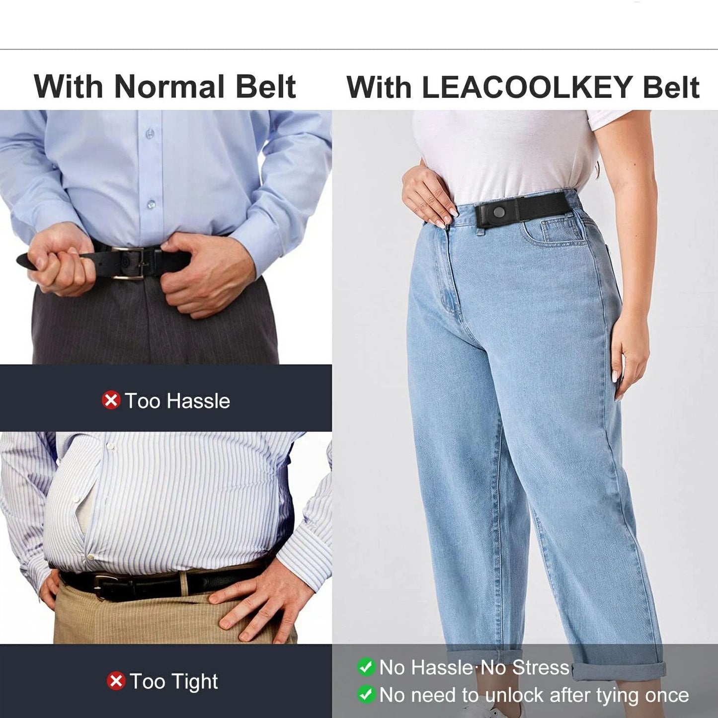 No Buckle Stretch Belt for Women/Men—2 Pack Elastic Invisible Belt for Jeans for side belts Install a side lazy waist belt(black)