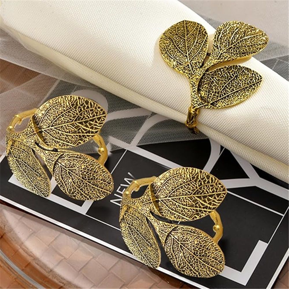 Gold Napkin Rings - Set of 6 Natural Metal Leaves Napkin Holders for Wedding Party and Daily Use, a Beautiful complement to Your Dinner Table Décor ( Golden)