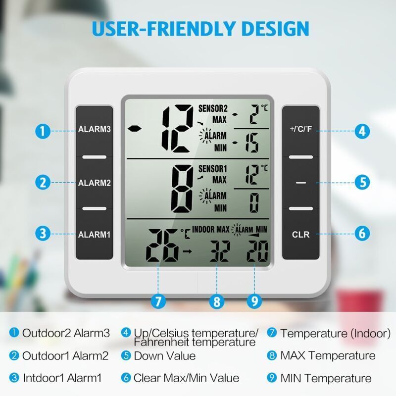 Amir Refrigerator Thermometer, Wireless Indoor Outdoor Thermometer, Temperature Sensor with Audible Alarm, Temperature Gauge for Freezer, Kitchen