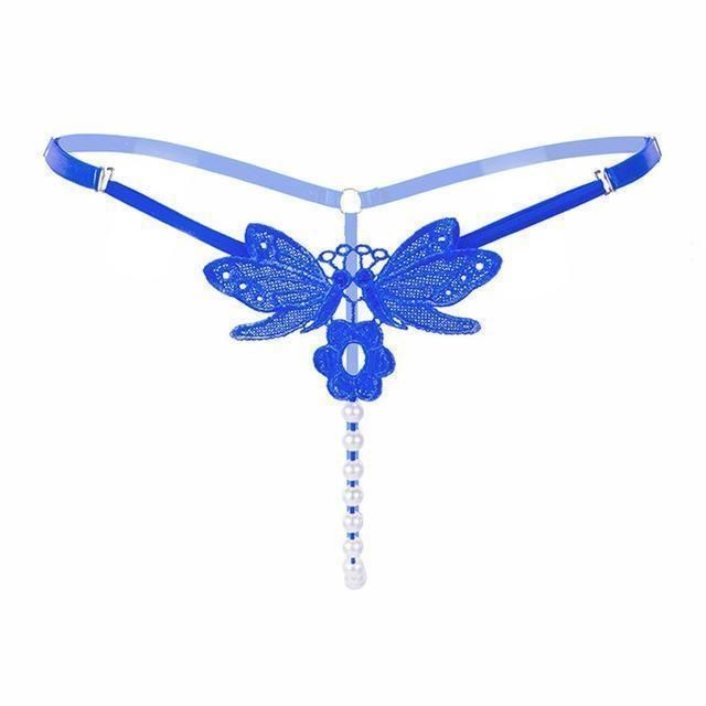 House Of Dasein Pearl G-String Crotchless Lace Panties - Blue