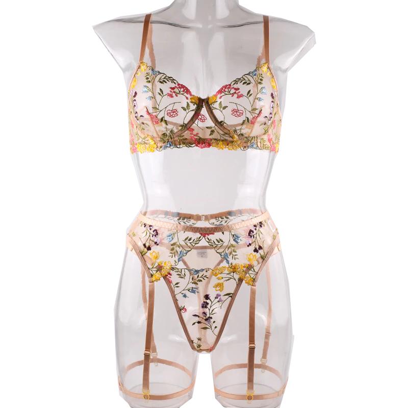 House Of Dasein Bright Cheery Fun Floral Lingerie Garter Belt Panties Bra Sets - Khaki - S