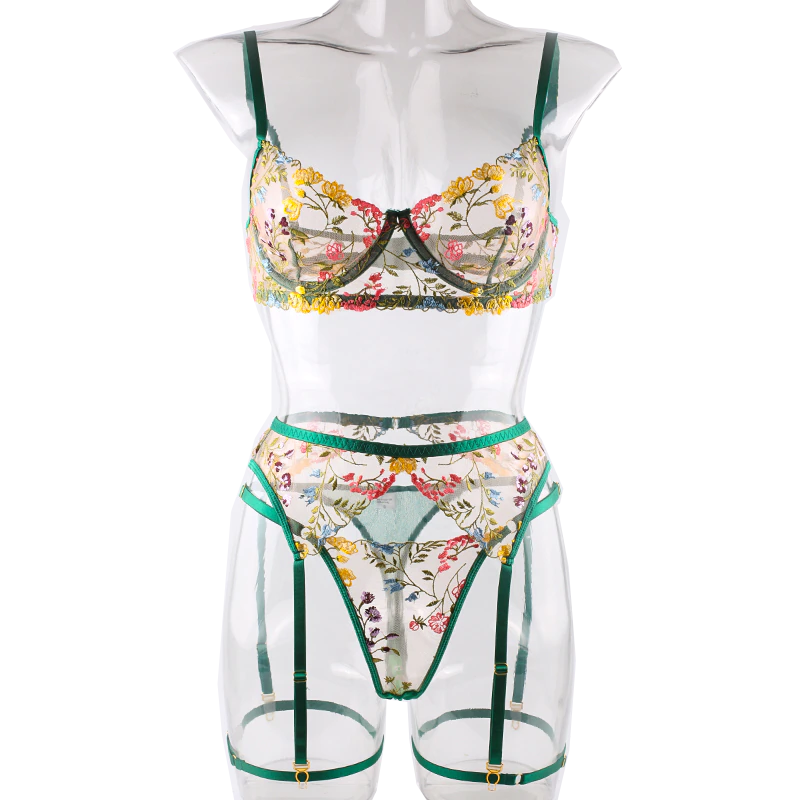 House Of Dasein Bright Cheery Fun Floral Lingerie Garter Belt Panties Bra Sets - Hunter Green - Xl