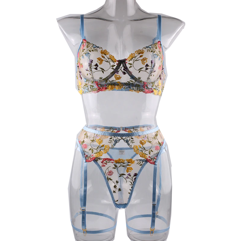 House Of Dasein Bright Cheery Fun Floral Lingerie Garter Belt Panties Bra Sets - Sky Blue - M
