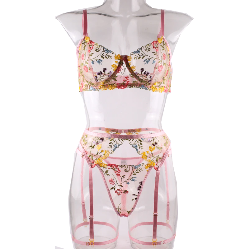 House Of Dasein Bright Cheery Fun Floral Lingerie Garter Belt Panties Bra Sets - Light Pink - S