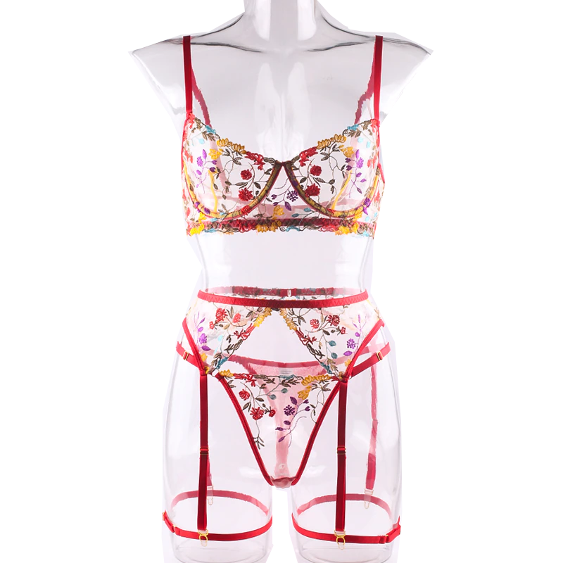 House Of Dasein Bright Cheery Fun Floral Lingerie Garter Belt Panties Bra Sets - Red - L