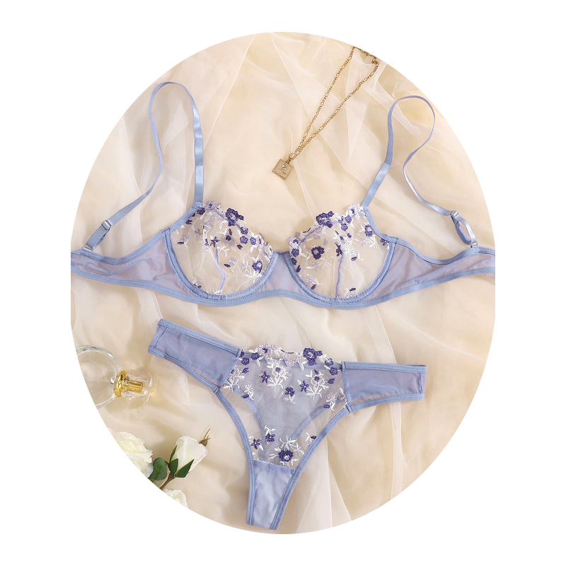 House Of Dasein Sexy Sheer Delicate Floral Embroidery Transparent Lingerie Bra Panties Set - Light Purple - L