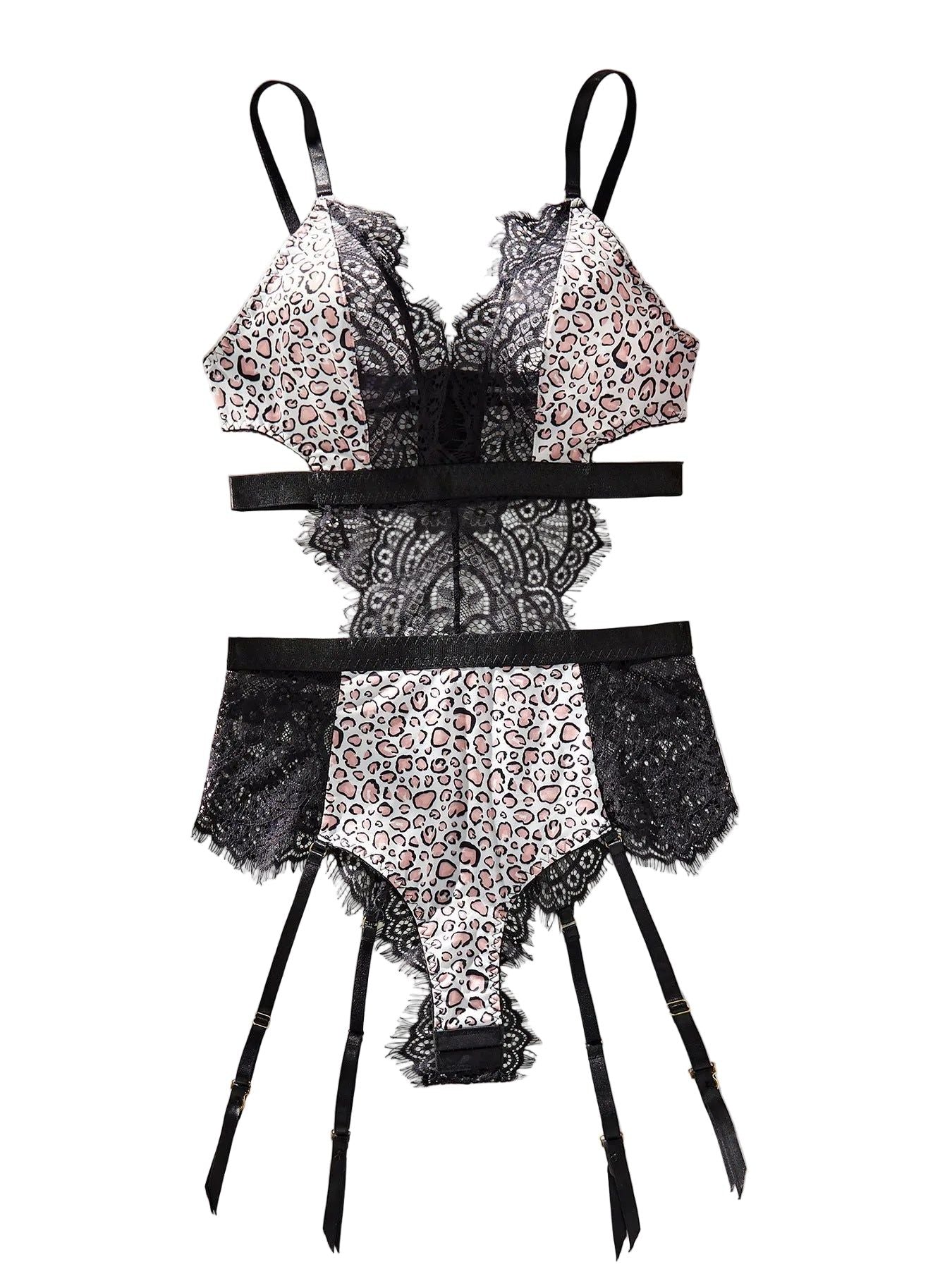 House Of Dasein Lace Patchwork Leopard Print Fabric Low Cut Without Steel Ring Sexy Lingerie For Women - Black Leopard Pattern Color - L