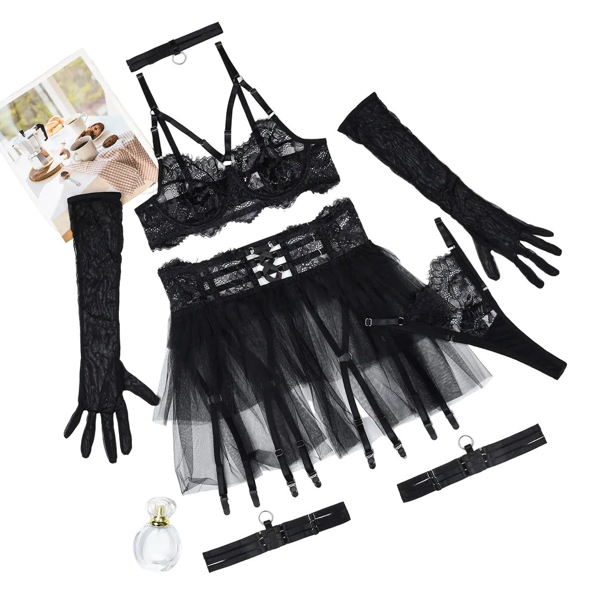 House Of Dasein Sexy Lingerie Lace See Through Mesh Fluffy Skirt Six Piece Set For Women - Black - S