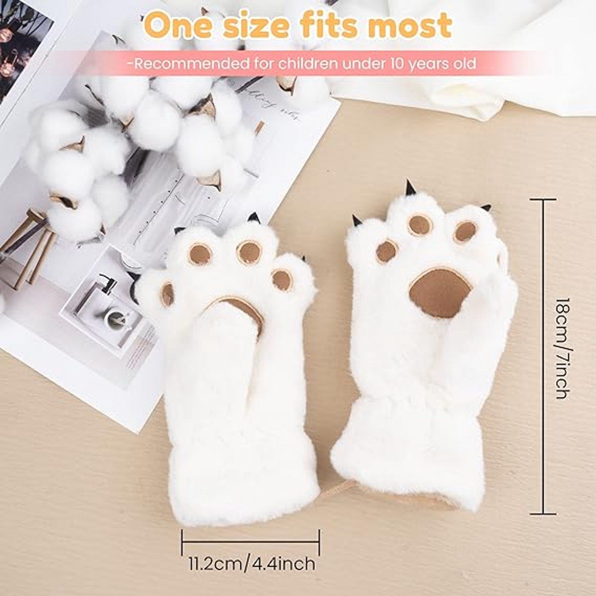 Gloves 1 Pair Winter Cartoon Neckband Children's Warm Plush One Sizeiwhitei