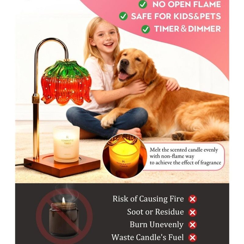 Lotus-Shaped Adjustable Timed Dimmable Candle Warmer Lamp, Wood Base Aroma Table Lamp, Candle Not Included - Red-Green