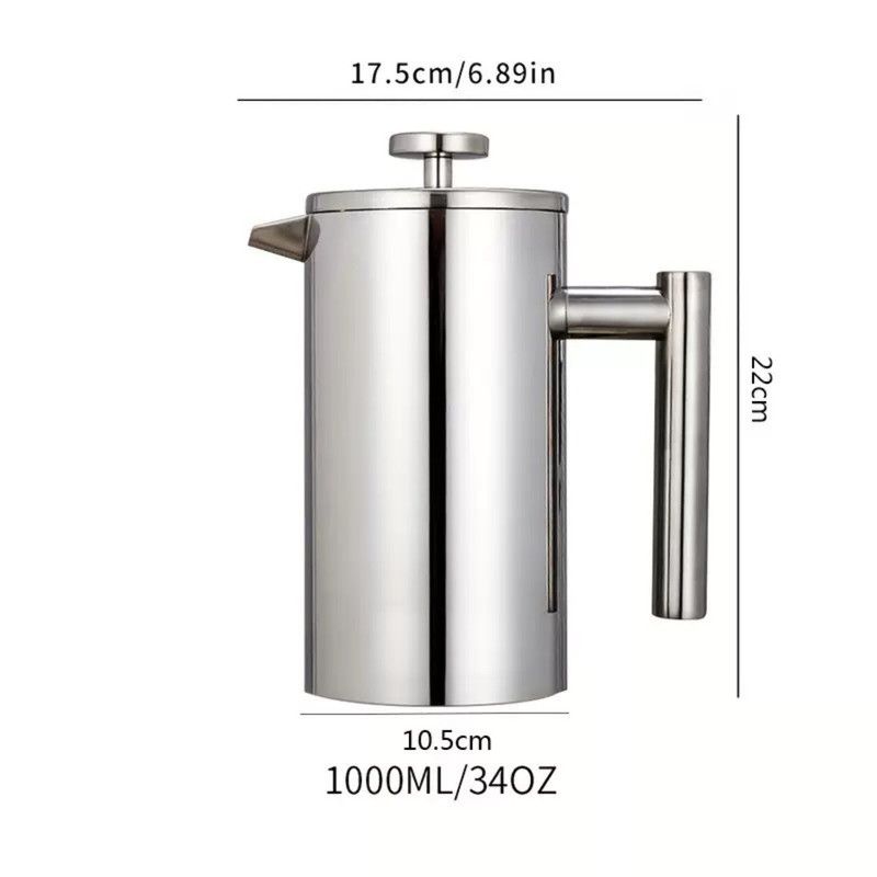 304 Stainless Steel French Press Coffee Maker, Household Hand-Brew Coffee Pot, Includes One Filter – 1000ML