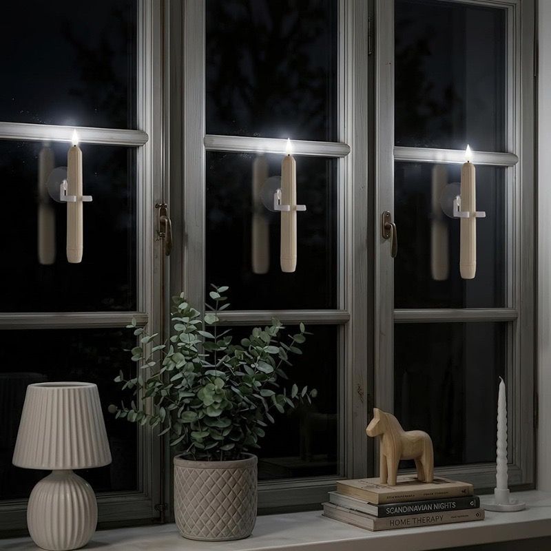 Set of 6 LED Flickering Window Candles with Light Sensor, Battery Operated Dusk to Dawn Auto-On/Off, Realistic 3D Flame, Suction Cup Mount for Christmas Holiday Home Decor (White)