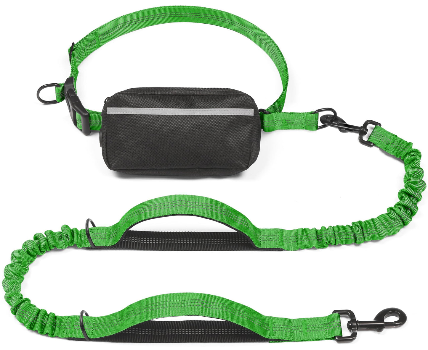 Hands-Free Dog Leash Set with Waist Belt and Storage Pouch, Shock-Absorbing Bungee Leash for Jogging, Walking, and Outdoor Adventures, Reflective Safety Design for Night Use (DarkGreen)