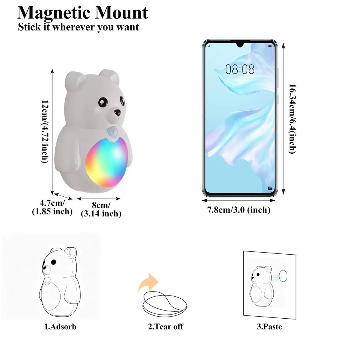 Adorable 3D Cartoon Bear LED Wall Light, Motion Sensor Night Light, Rechargeable, Magnetic Mount, No Wiring, Warm White & Rainbow Glow for Bedroom, Nursery, Bathroom, Hallway, Kitchen (Black, 1PCS)