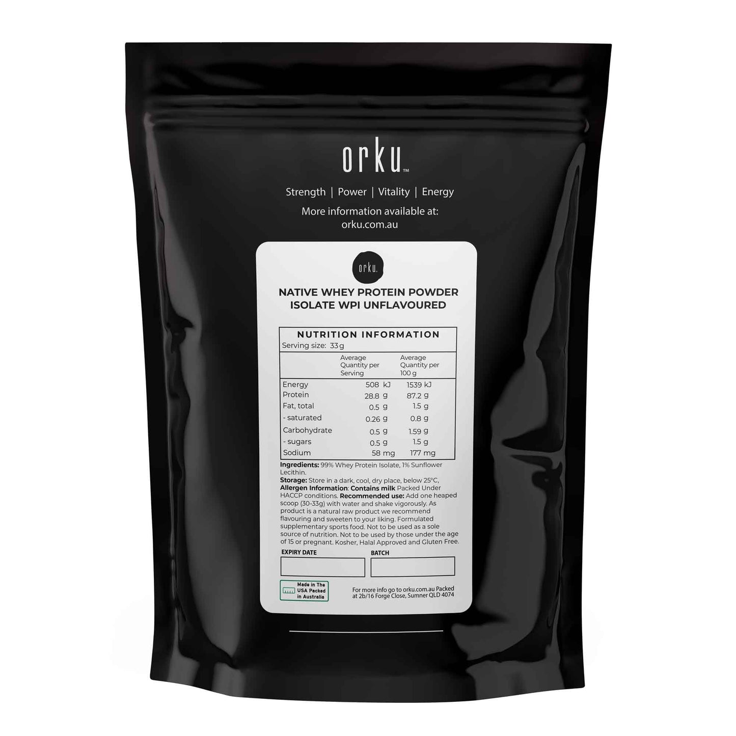 Orku 1Kg Whey Protein Isolate Powder WPI 90% Unflavoured Native Bag