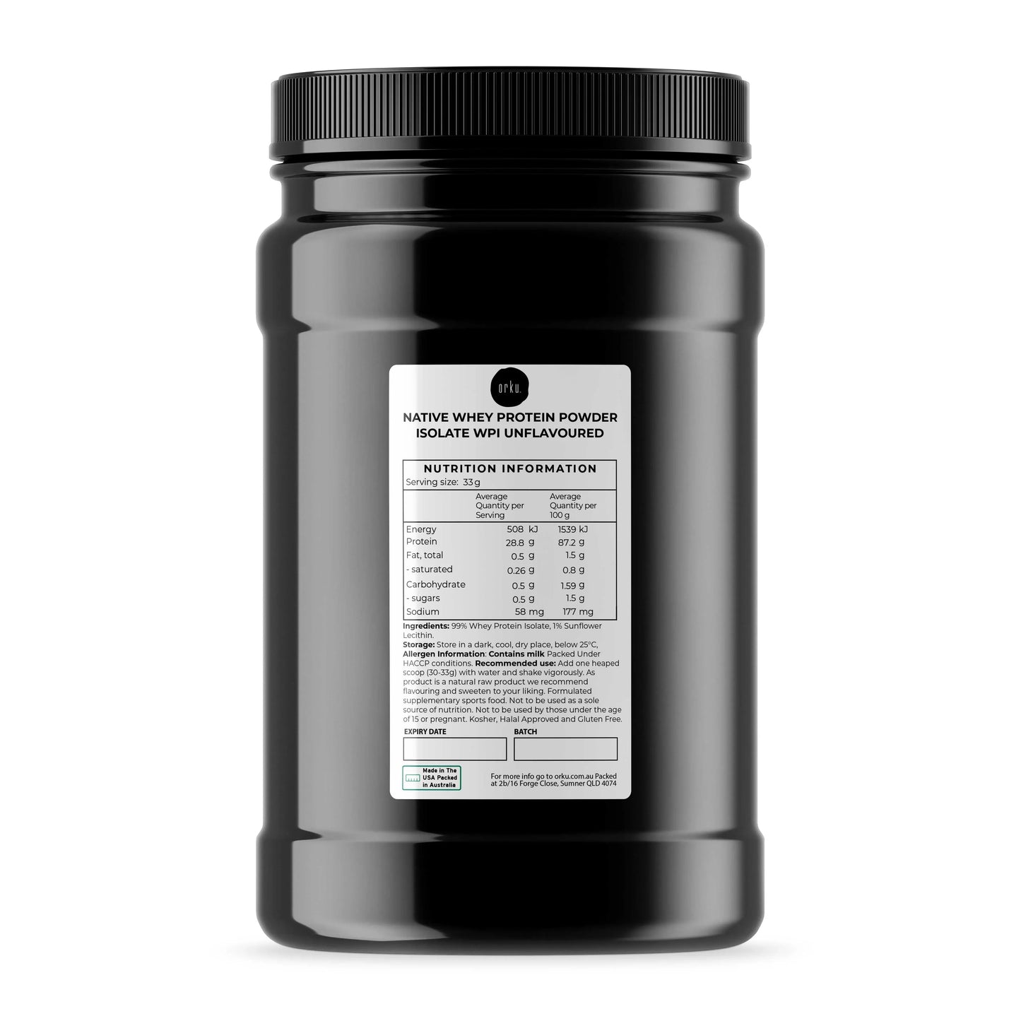Orku 1Kg Whey Protein Isolate Powder WPI 90% Unflavoured Native Jar