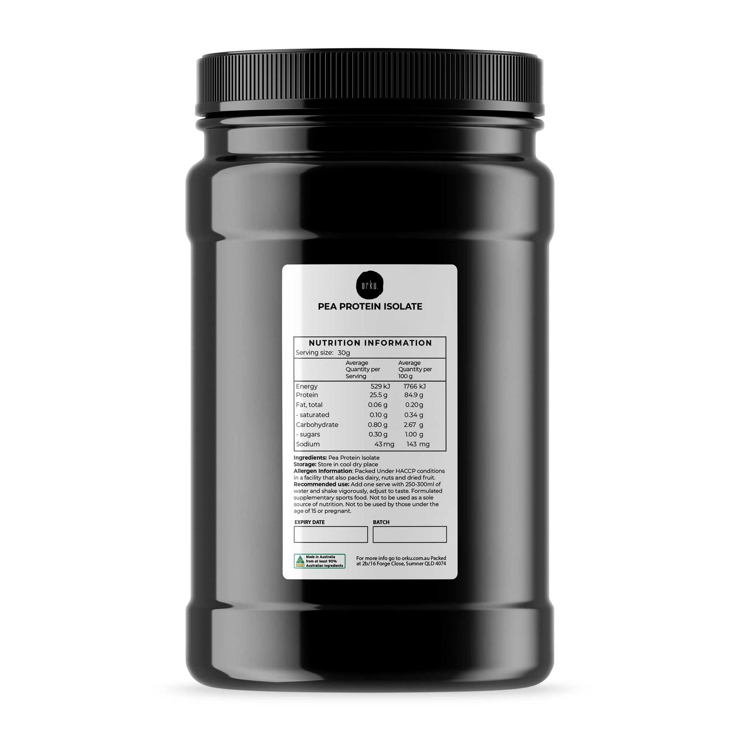 Orku 1kg Pea Protein Isolate Powder - High Protein Plant Based Unsweetened Jar