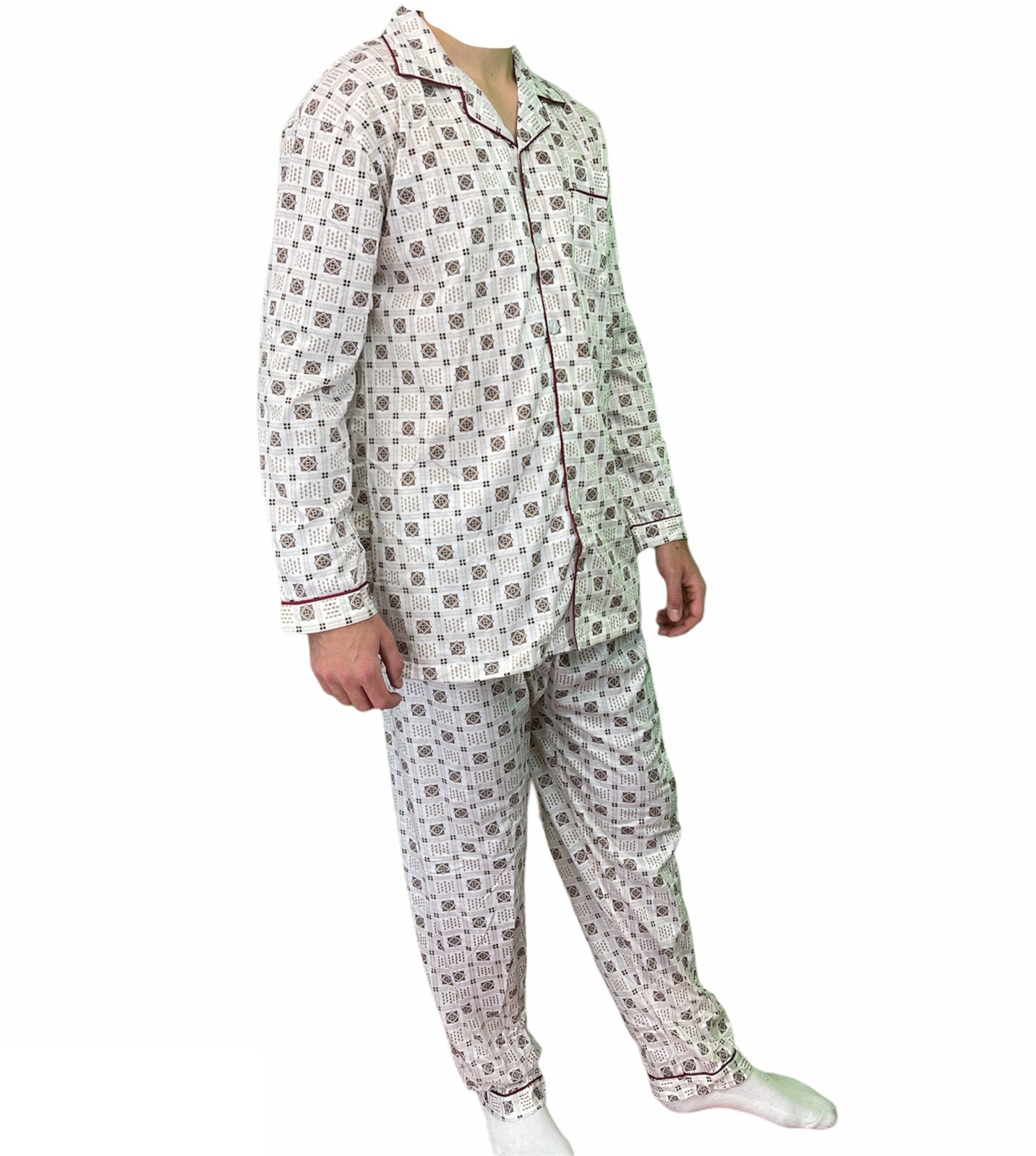 Mens Cotton Pyjama Set Long Sleeve Button Shirt Pants Sleepwear PJ - White/Brown - S