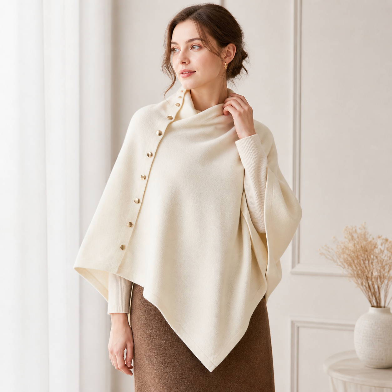Khaki Women's Winter Shawl Wrap - 140 x 56 cm Polyester Two Way Knitted Cape Scarf, Warm Lightweight Layer for Everyday Outfits, Work and Travel