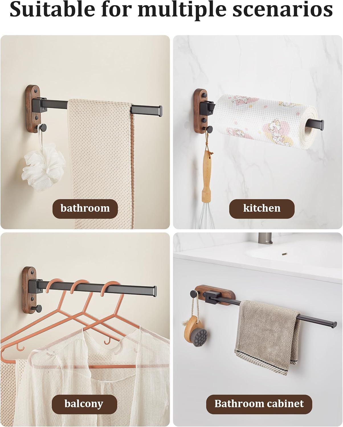 43CM Moisture Aluminum Folding Towel Rack Integrated Bottom Hook - 90° Folding Black Walnut Grain Wall-Mounted Drying Rod and Organize