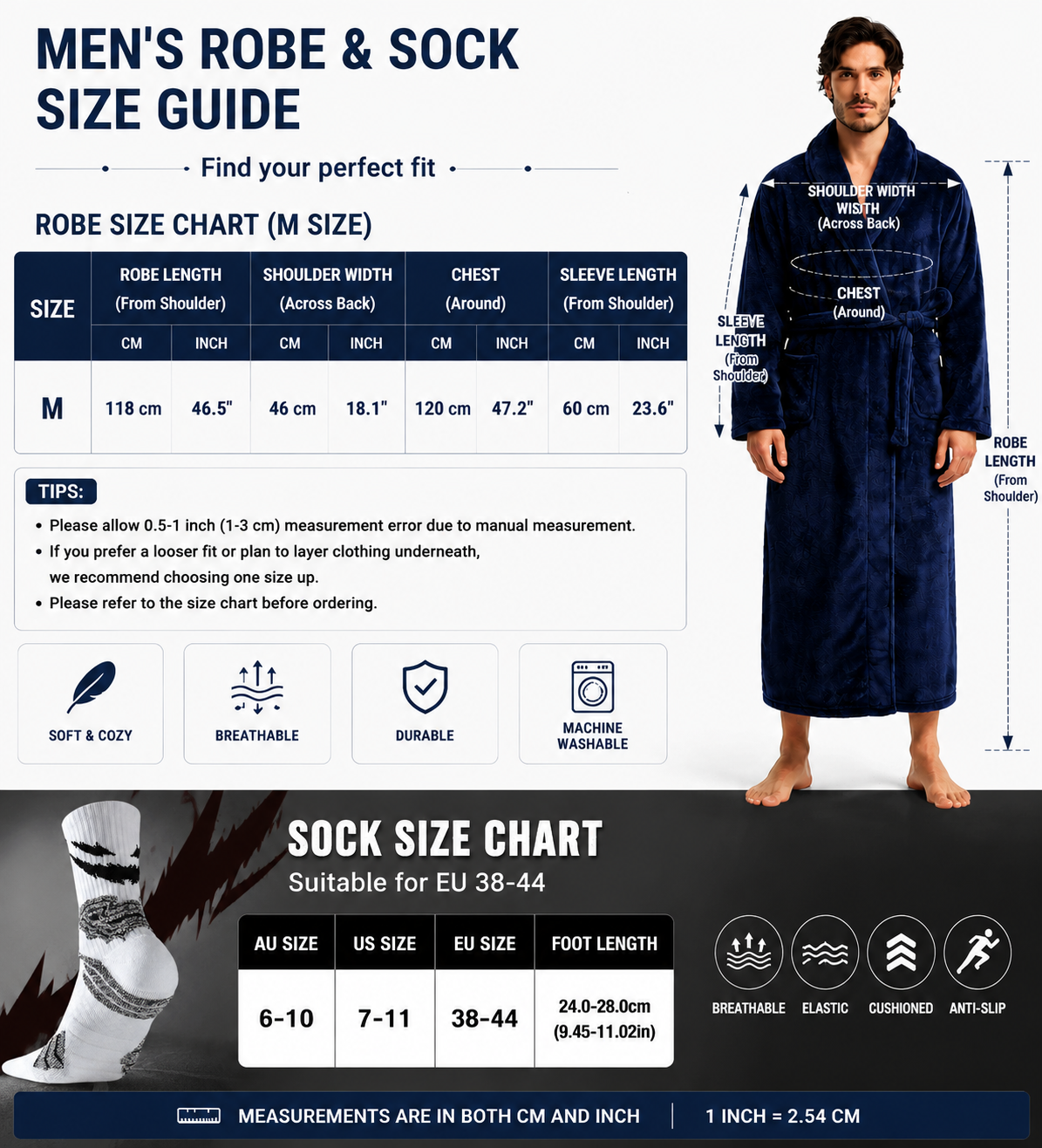 Blue Men's Winter Lounge Bundle Set - Flannel Shawl Collar Robe(M Size) with 2x Thick Mid Calf Purple Demon Pattern Socks, Warm Plush Homewear Set, Soft Cozy Sleepwear and Indoor Loungewear Gift for Men