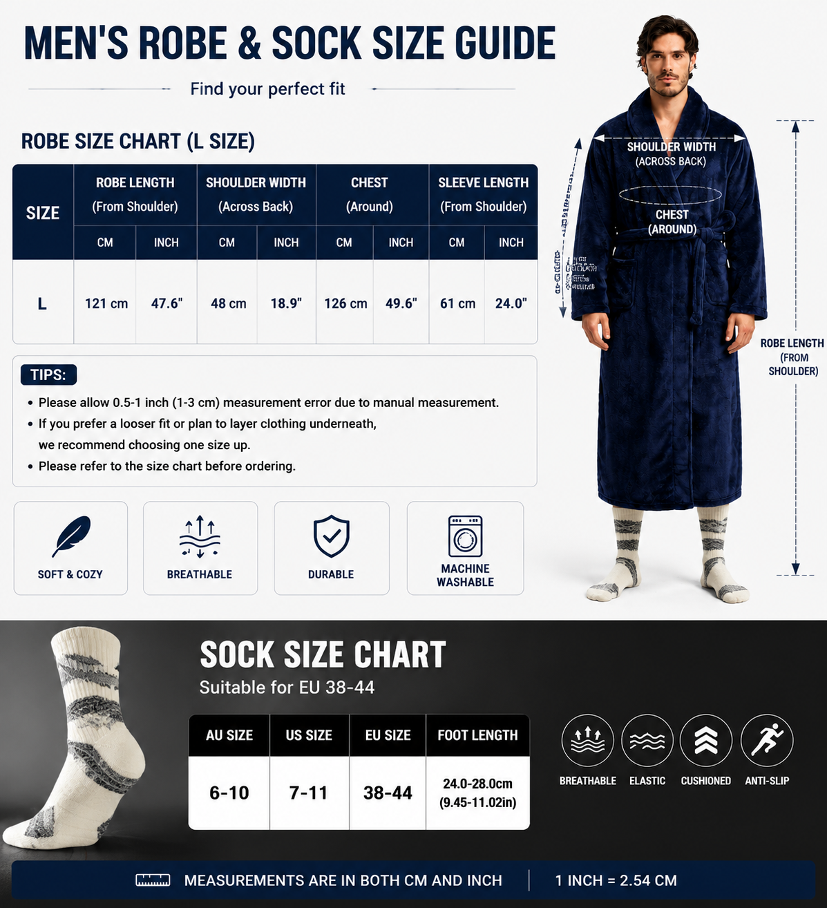 Blue Men's Winter Lounge Bundle Set - Flannel Shawl Collar Robe(L Size) with 2x Thick Mid Calf Purple Demon Pattern Socks, Warm Plush Homewear Set, Soft Cozy Sleepwear and Indoor Loungewear Gift for Men