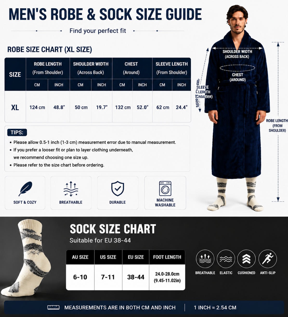 Blue Men's Winter Lounge Bundle Set - Flannel Shawl Collar Robe(XL Size) with 2x Thick Mid Calf Purple Demon Pattern Socks, Warm Plush Homewear Set, Soft Cozy Sleepwear and Indoor Loungewear Gift for Men