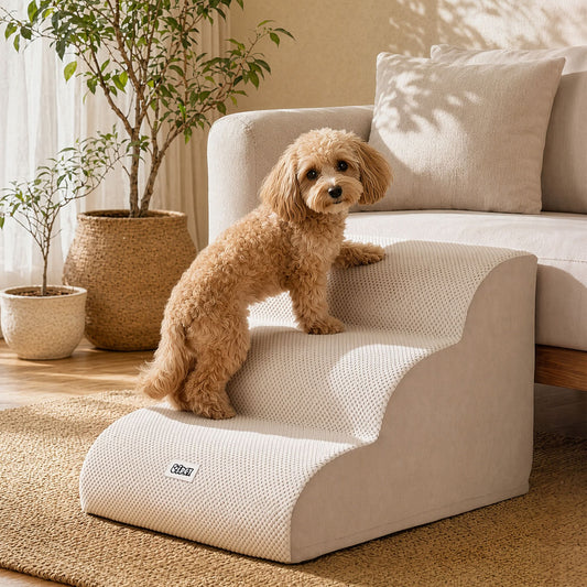 i.Pet Dog Ramp Washable Cover Stairs for Bed Sofa Foam Step Ladder 3 Tier Beige