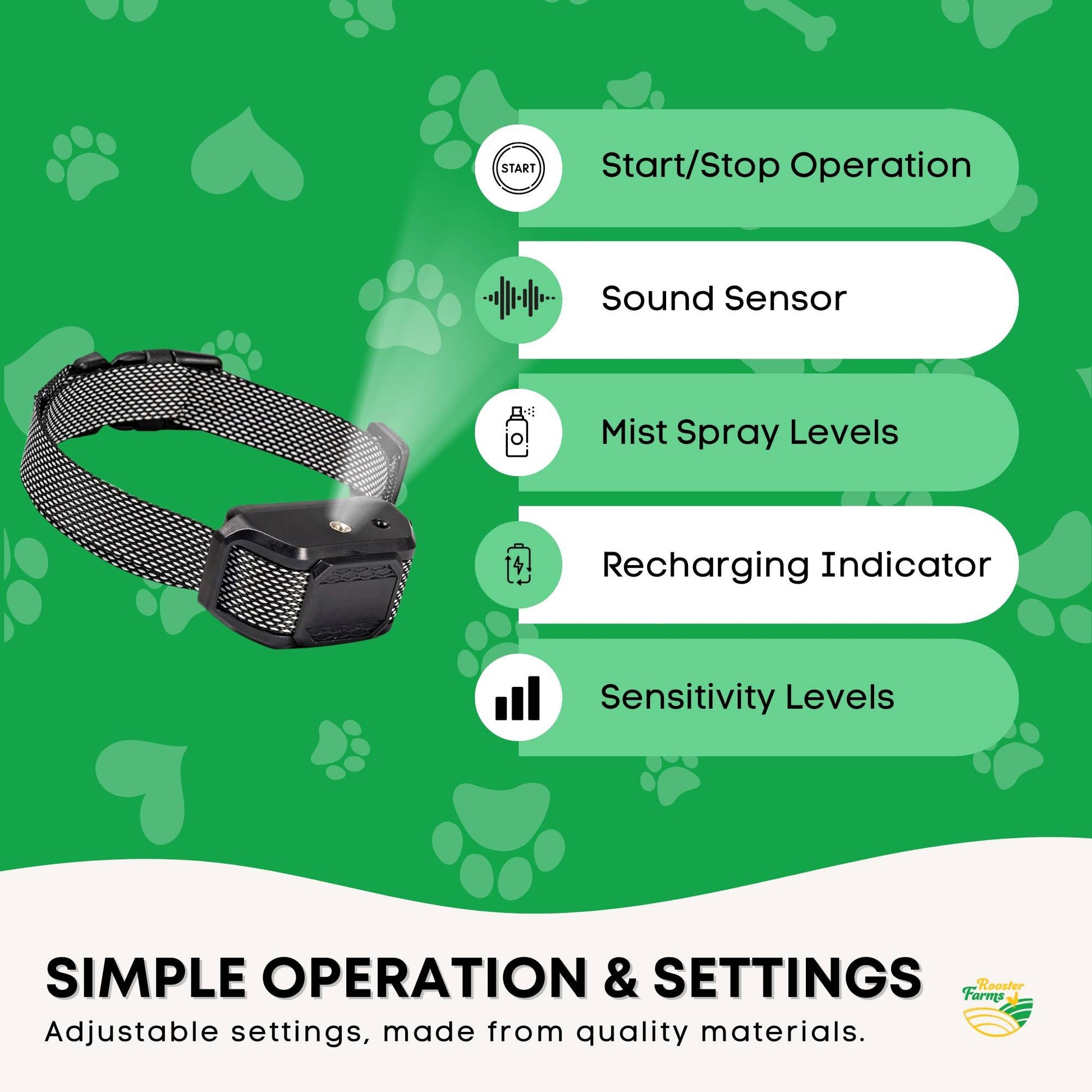Rooster Farms Dog Bark Training Collar Citronella + Sound Rechargeable Automatic