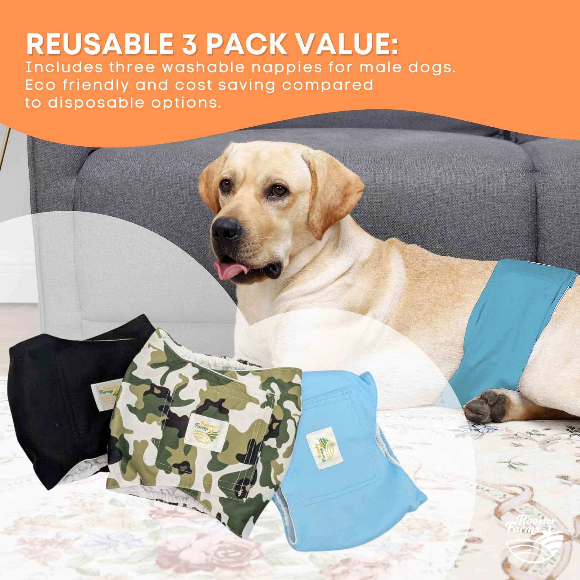 Rooster Farms Male Dog Diapers 3Pk Washable Reusable Nappies Hook + Loop Fit