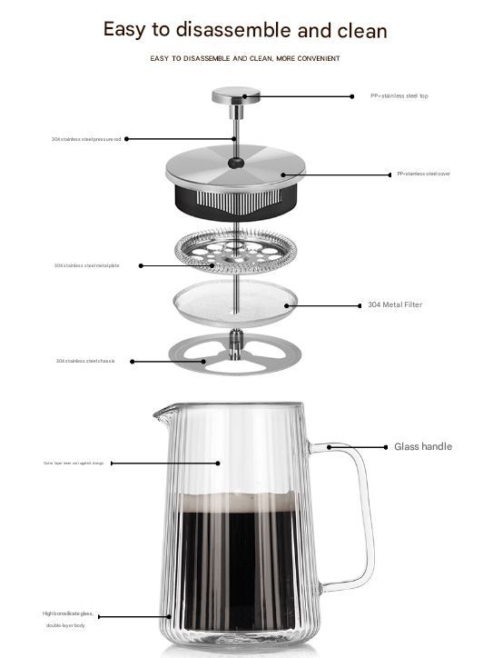French Press Coffee Maker Double-Layer Glass Coffee Maker Ribbed Coffee Maker - Clear - Size 350ML