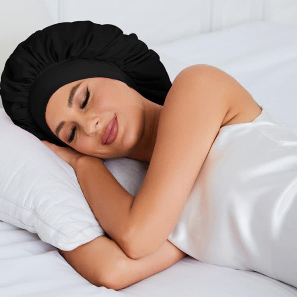 Silky Satin Sleeping Cap for Women and Girls, Double Layered Hair Protection Cap with Adjustable Fit, Black