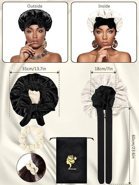 Silky Satin Sleeping Cap for Women and Girls, Double Layered Hair Protection Cap with Adjustable Fit, Black