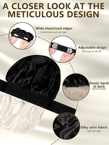 Silky Satin Sleeping Cap for Women and Girls, Double Layered Hair Protection Cap with Adjustable Fit, Black