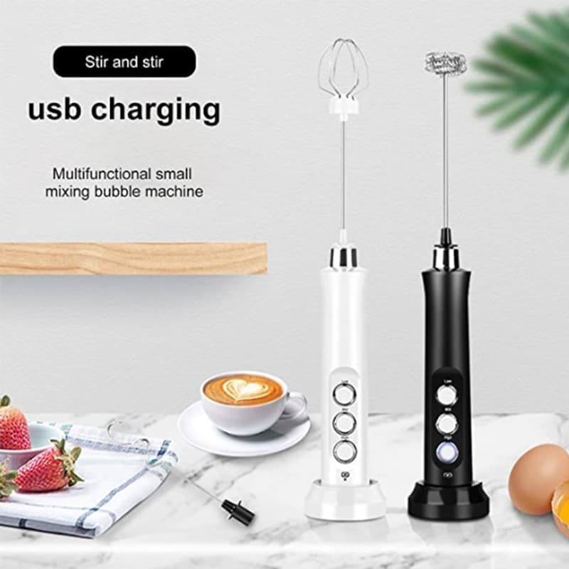 USB Rechargeable Electric Whisk with 3 Speeds, Egg Beater Milk Frother for Coffee and Cappuccino, Compatible with Most Brands, White