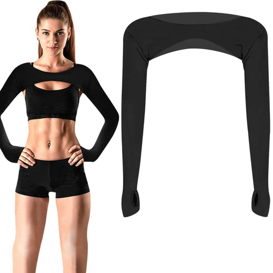 Breathable quick-dry arm warmers with shoulder protection and thumb holes, Black