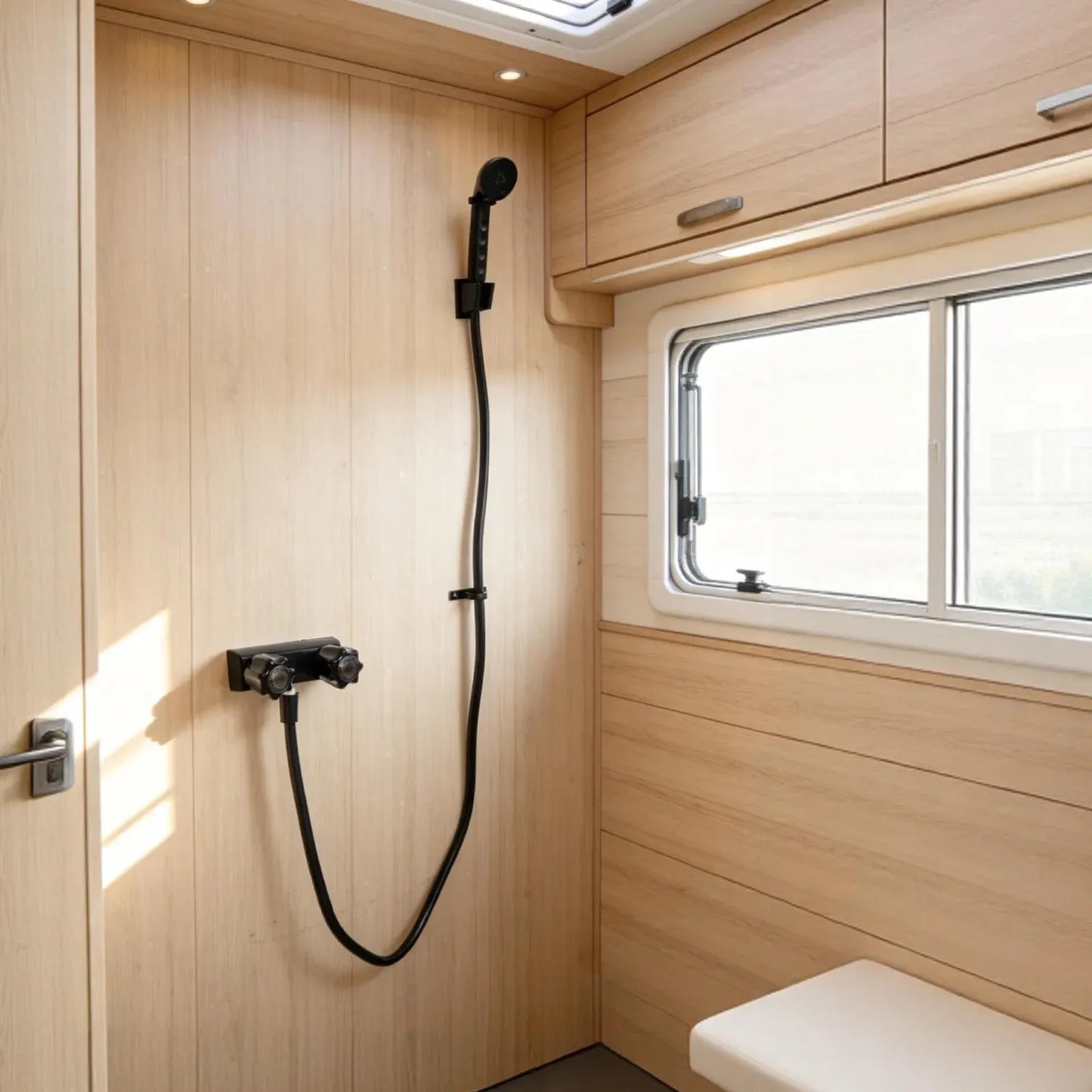 RV Shower Faucet Set, 4 Inch Black Mixer Valve with Handheld Showerhead and Hose for Camper Trailer