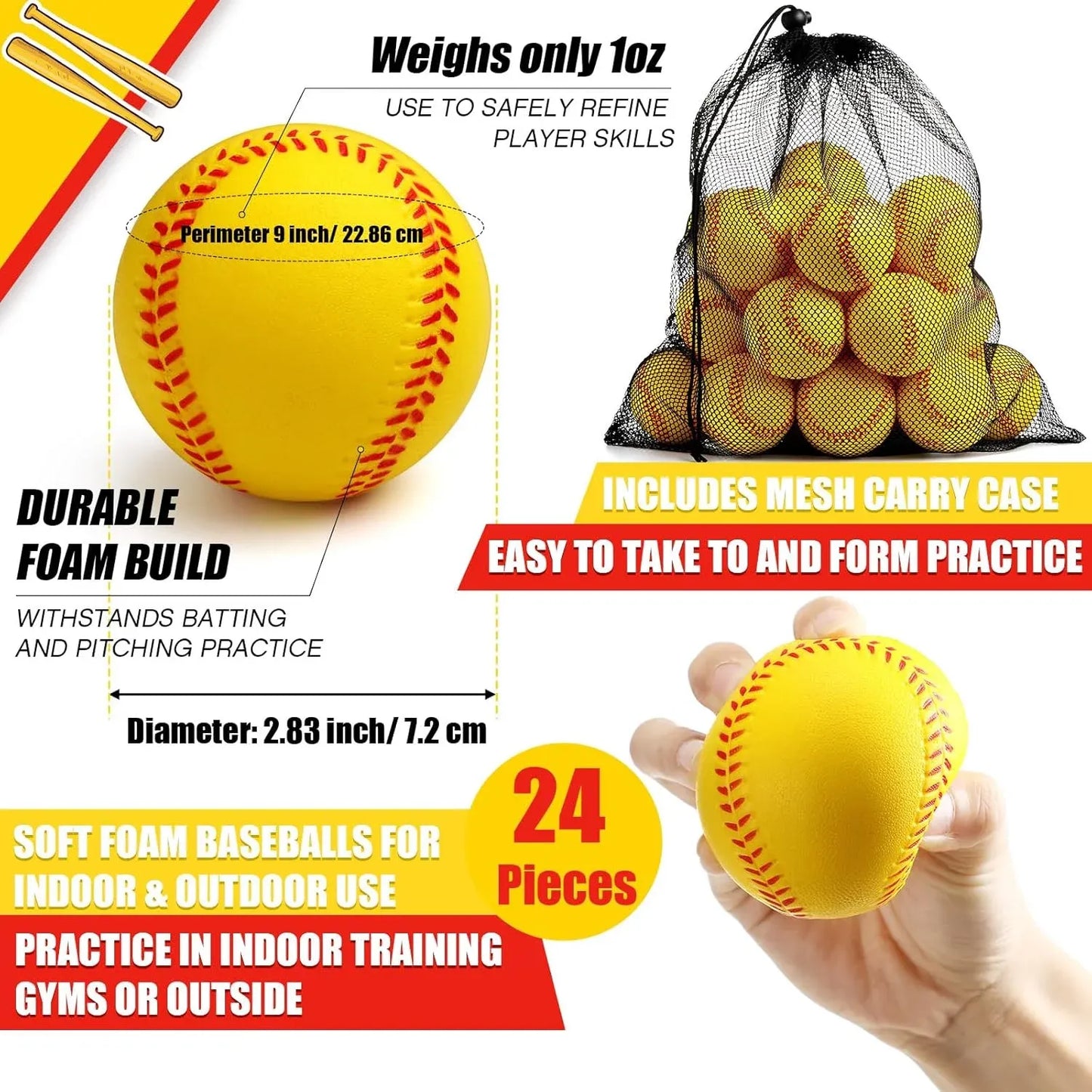 24 Pcs Soft Foam Baseballs, PU Training Practice Balls for Youth Batting Drills with Bag, Yellow