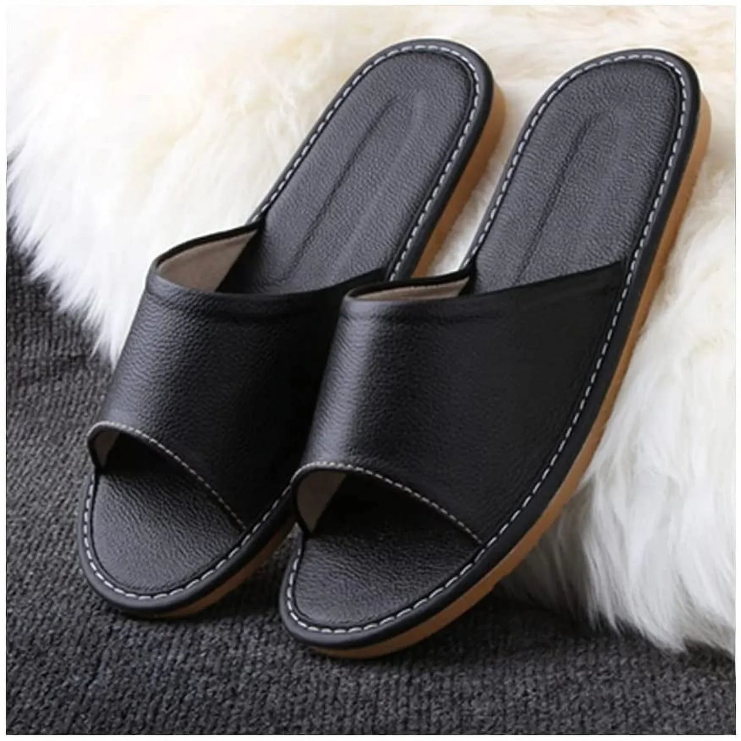 Black Leather Open Toe Slippers, Non Slip Indoor House Sandals for Men Women, EUR34-35