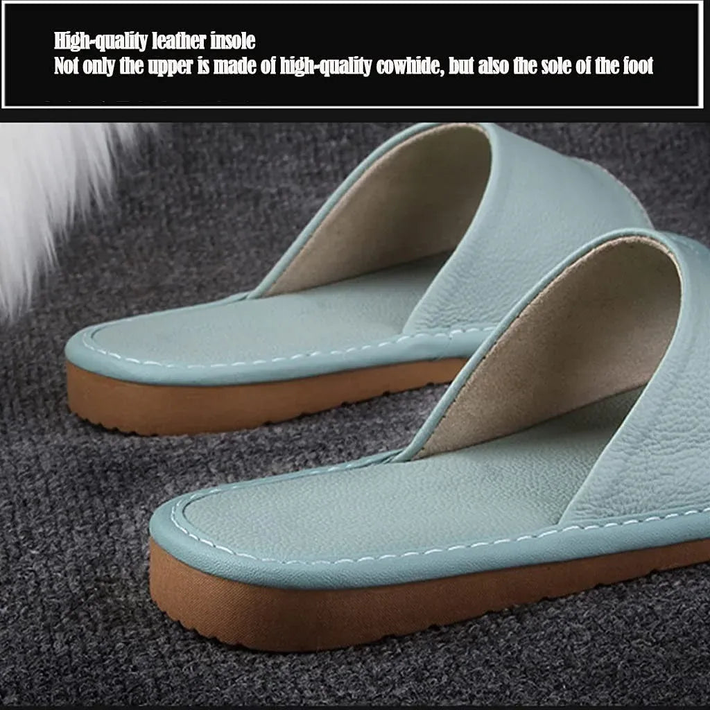 Black Leather Open Toe Slippers, Non Slip Indoor House Sandals for Men Women, EUR37-38