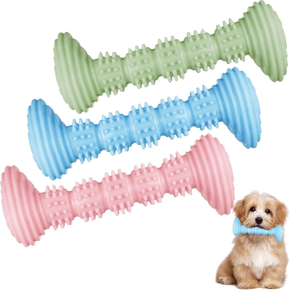Dog Toys - 3 Pieces - Dog Chew Toys - Dental Care - Teeth Cleaning - Rubber Pet Chew Toys - For Medium and Large Dogs - Blue+Green+Pink
