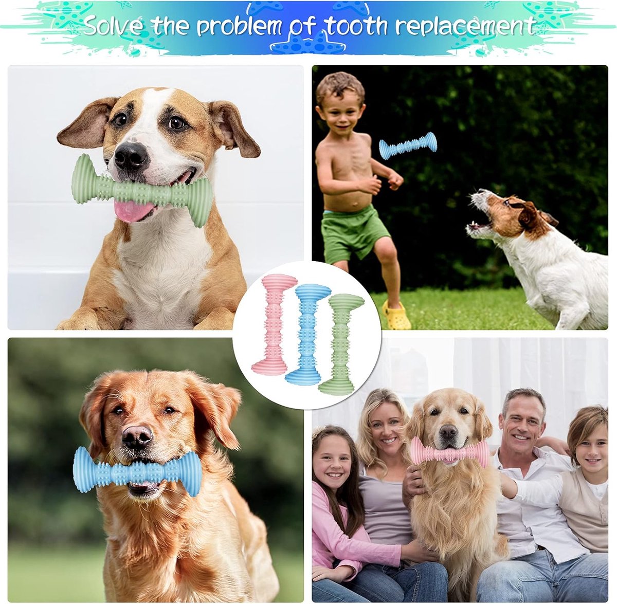 Dog Toys - 3 Pieces - Dog Chew Toys - Dental Care - Teeth Cleaning - Rubber Pet Chew Toys - For Medium and Large Dogs - Blue+Green+Pink