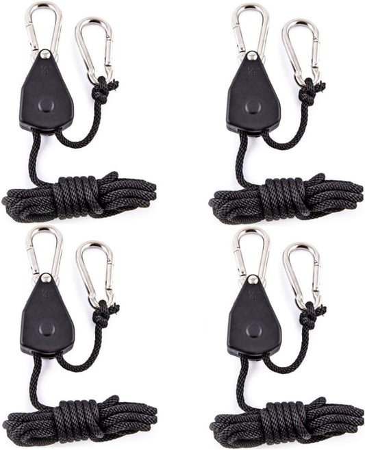 4 pieces - 2m - heavy duty rope hanger - hanger rope - adjustable - plant hanging rope - lamp hanging rope - tent canopy rope stopper buckle - tent guy lines - with pulley - outdoor accessories - for camping and hiking outdoors - black
