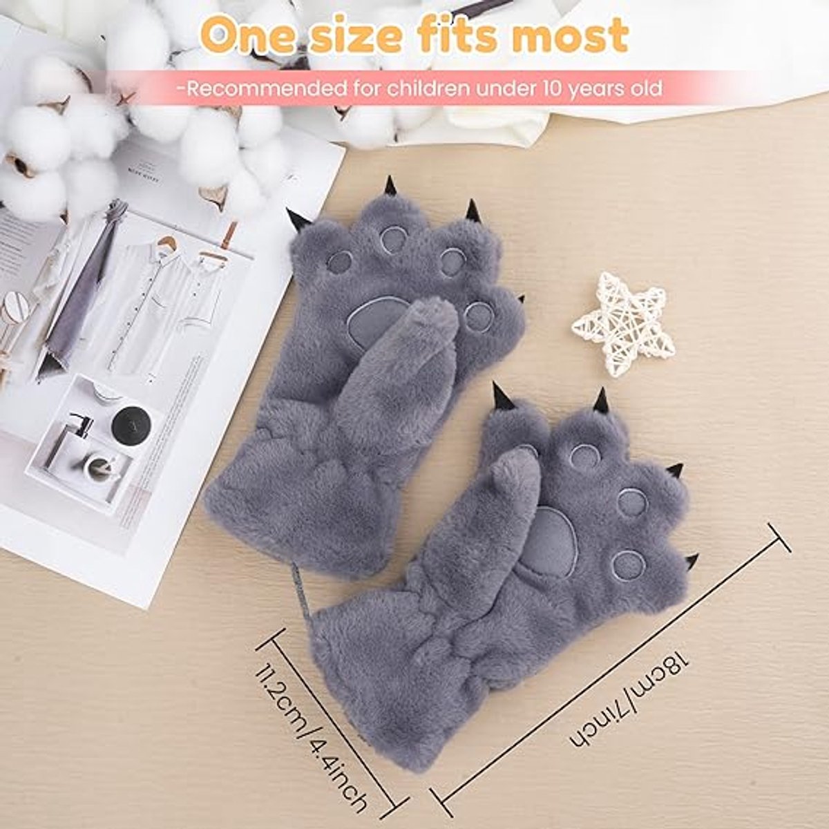 Gloves - 1 pair - Winter gloves - Cartoon gloves - Neckband - Children's gloves - Warm gloves - Plush gloves - One size（Gray）