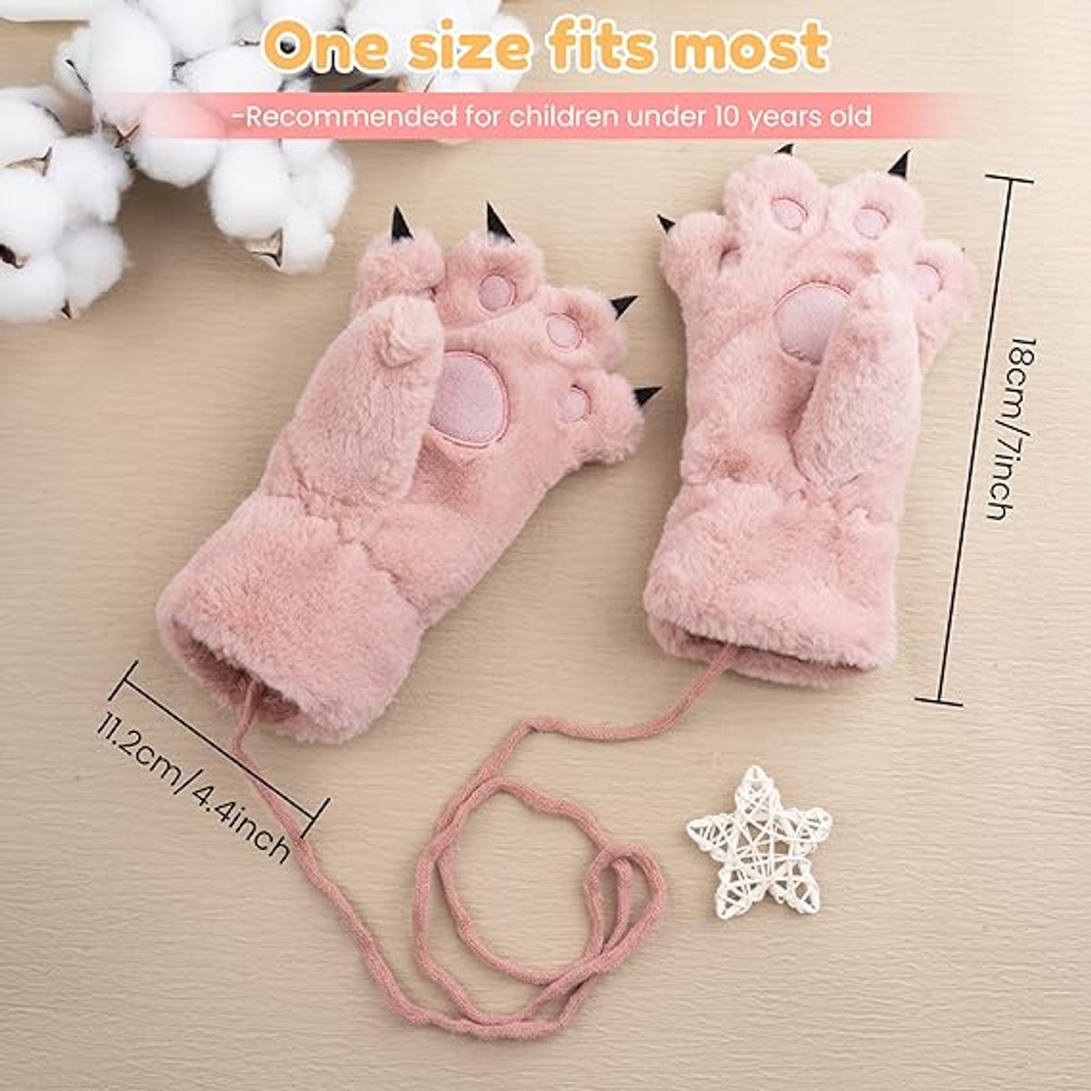 Gloves - 1 pair - Winter gloves - Cartoon gloves - Neckband - Children's gloves - Warm gloves - Plush gloves - One size（Pink）